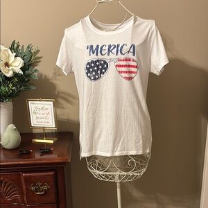 White Graphic T-Shirt with American Flag Design